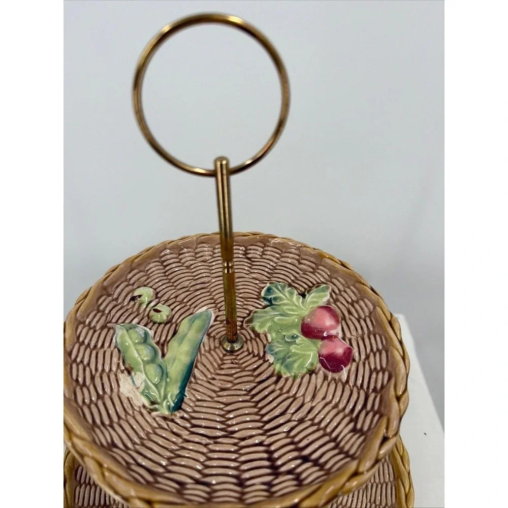 Vintage Ceramic 2-Tier Serving Tray Stand Basketweave Vegetable Motif‎ Country